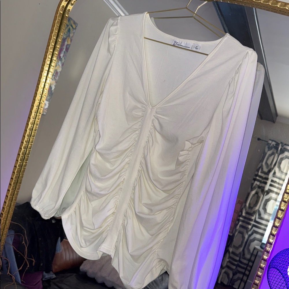 New York & Company Cream Ruched Blouse